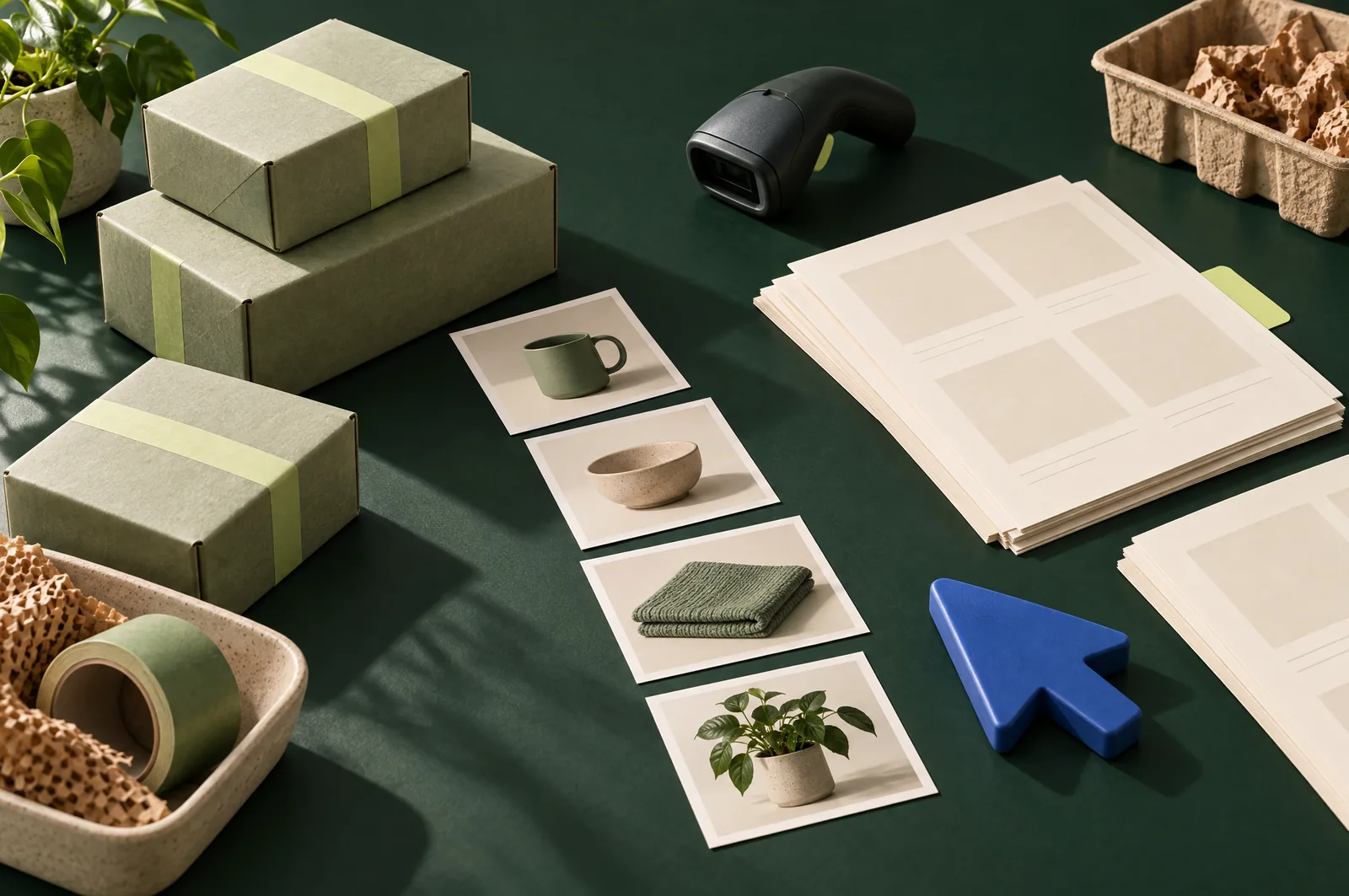 Illustrative still life of ecommerce parcels, product cards and catalogue sheets