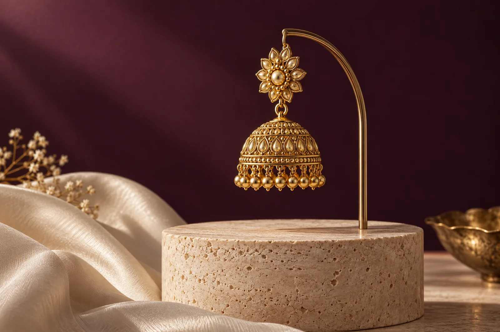 Illustrative gold jhumka above a cream pedestal against an aubergine background