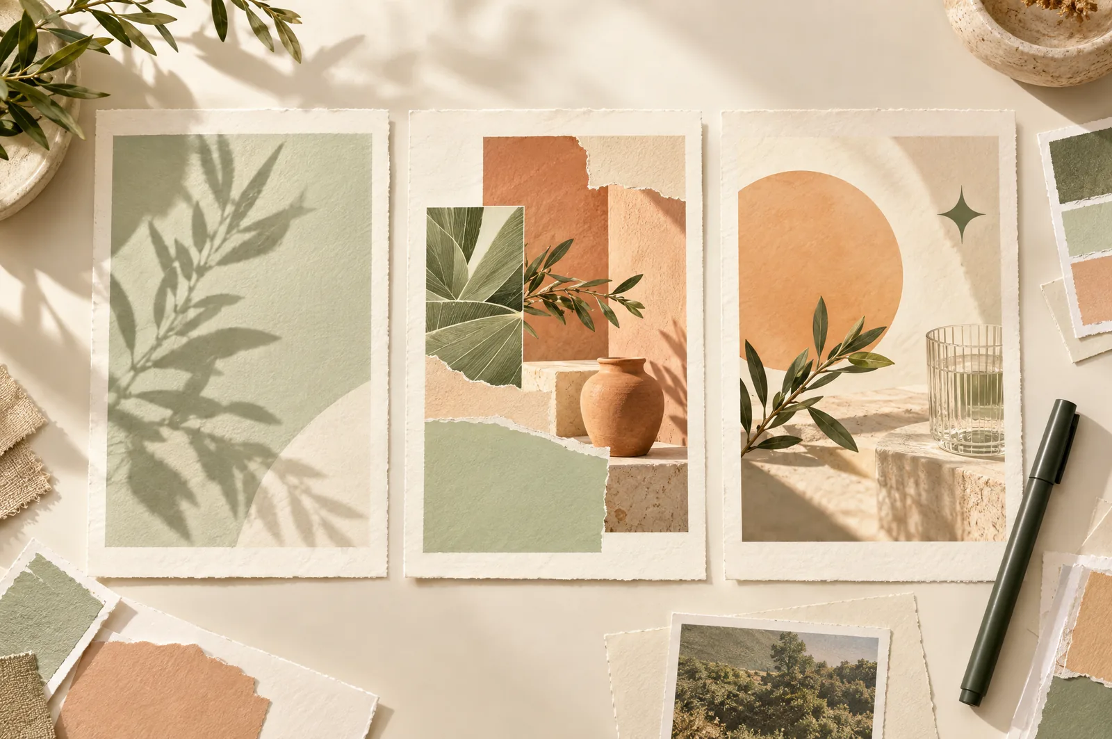 Illustrative three-panel botanical storyboard on a warm cream table